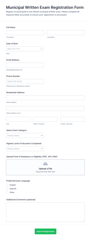 Municipal Written Exam Registration Form Template