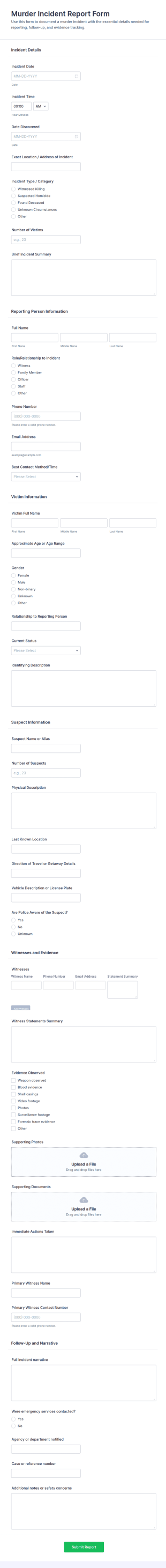 Murder Incident Report Form Template