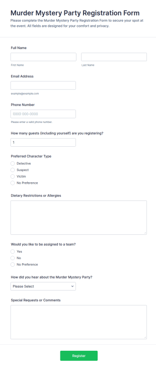 Murder Mystery Party Registration Form Template