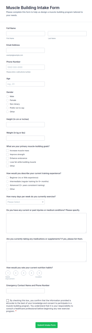 Muscle Building Intake Form Template