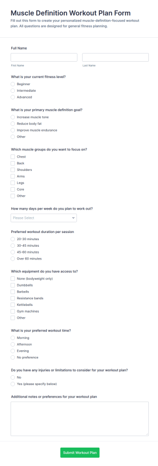 Muscle Definition Workout Plan Form Template