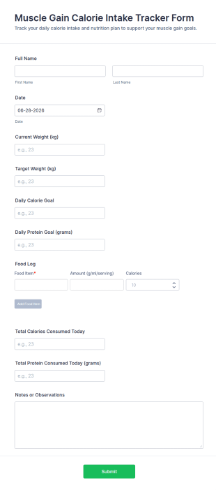 Muscle Gain Calorie Intake Tracker Form Template