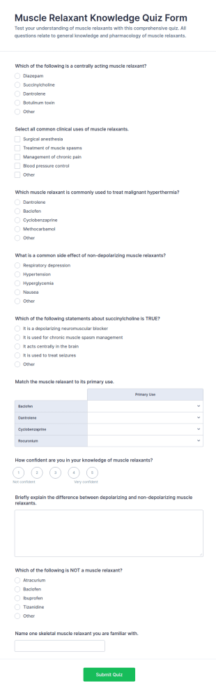 Muscle Relaxant Knowledge Quiz Form Template