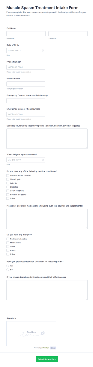 Muscle Spasm Treatment Intake Form Template