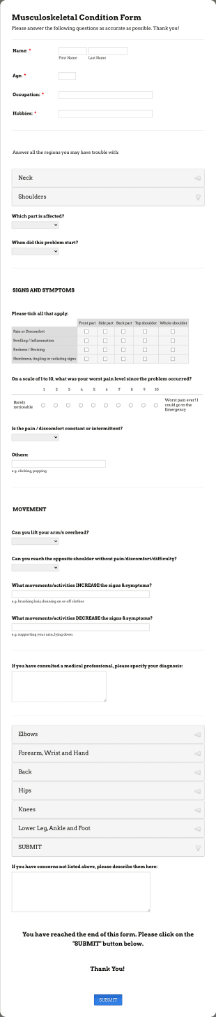 Musculoskeletal Condition Form Template