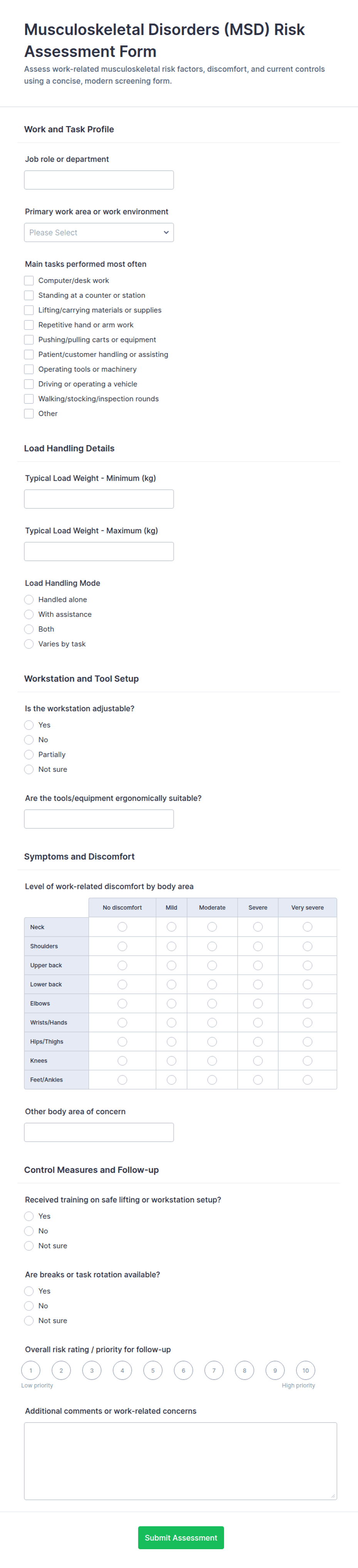 Musculoskeletal Disorders (MSD) Risk Assessment Questionnaire Form ...