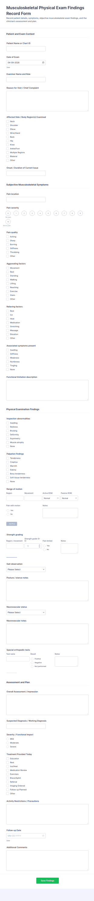 Musculoskeletal Physical Exam Findings Record Form Template