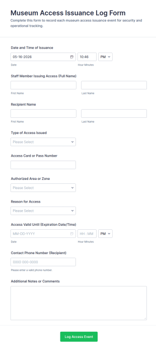 Museum Access Issuance Log Form Template