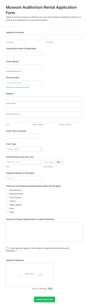 Museum Auditorium Rental Application Form Template