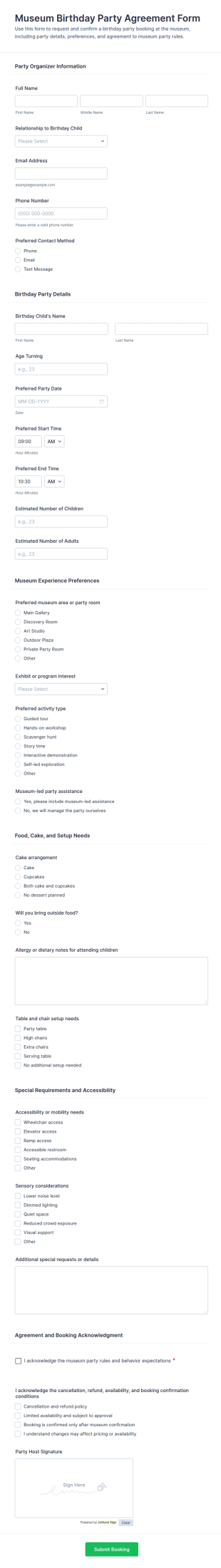 Museum Birthday Party Agreement Form Template