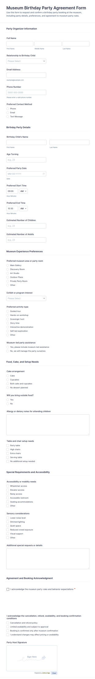 Museum Birthday Party Agreement Form Template