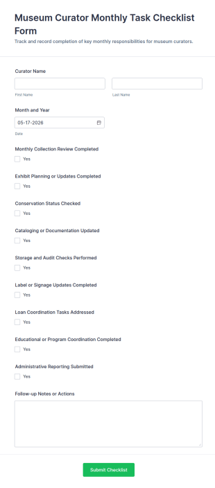 Museum Curator Monthly Task Checklist Form Template