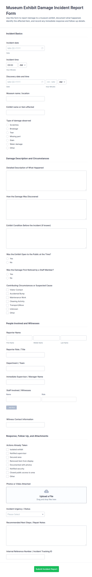 Museum Exhibit Damage Incident Report Form Template
