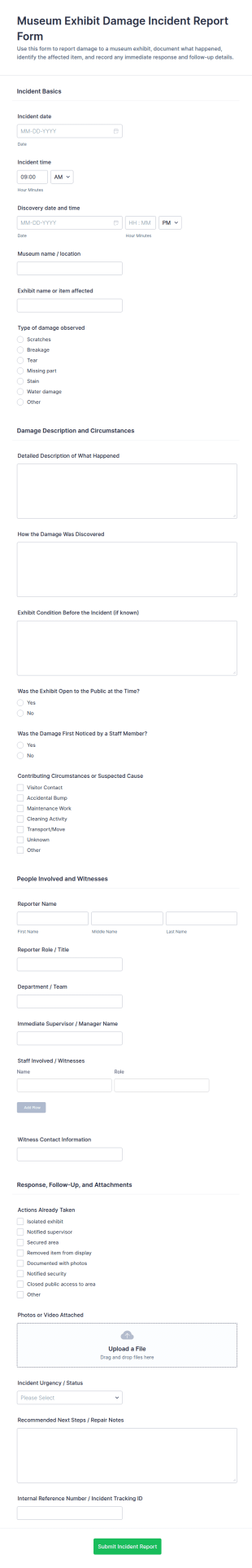 Museum Exhibit Damage Incident Report Form Template