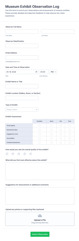 Museum Exhibit Observation Log Form Template