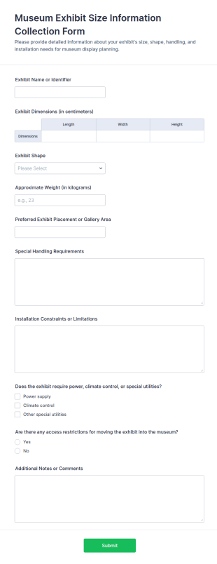 Museum Exhibit Size Information Collection Form Template