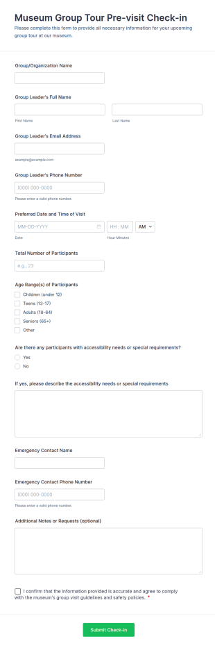 Museum Group Tour Pre Visit Check In Form Template