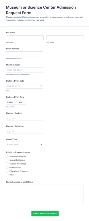 Museum Or Science Center Admission Request Form Template