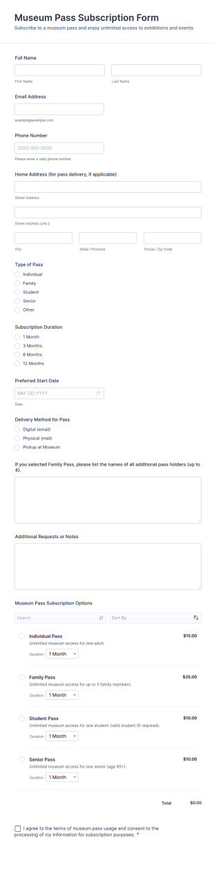 Museum Pass Subscription Form Template