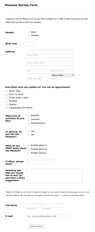 Museum Survey Form Template