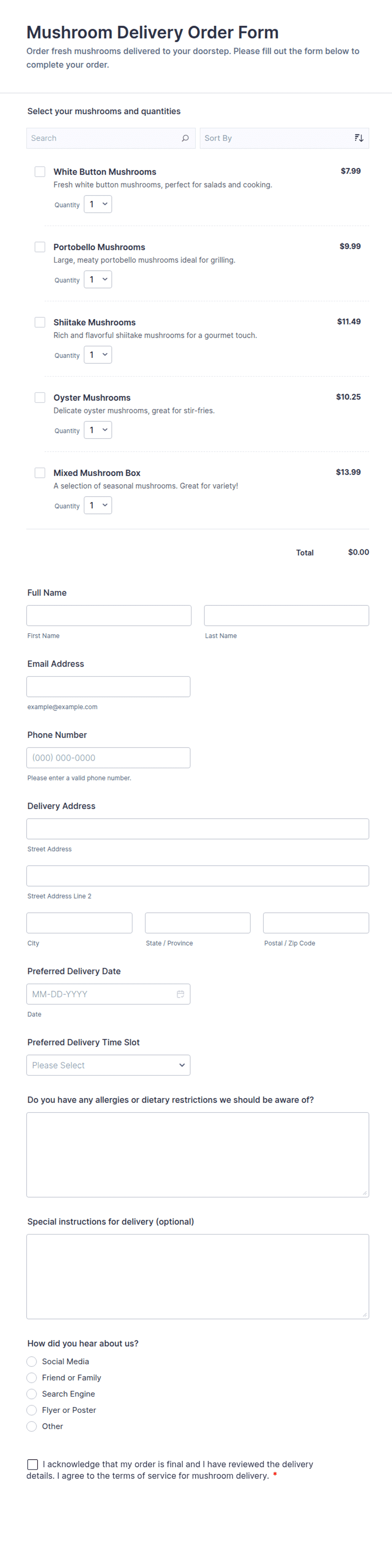 Mushroom Delivery Order Form Template | Jotform