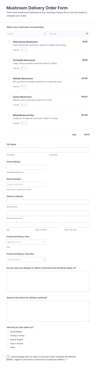 Mushroom Delivery Order Form Template