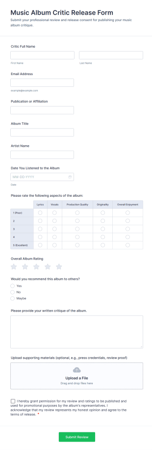 Music Album Critic Release Form Template