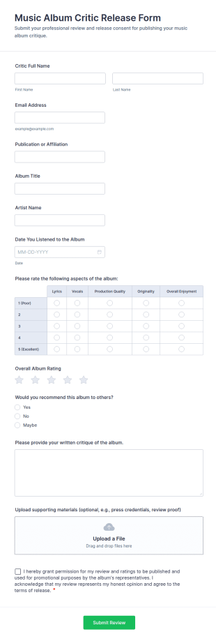 Music Album Critic Release Form Template