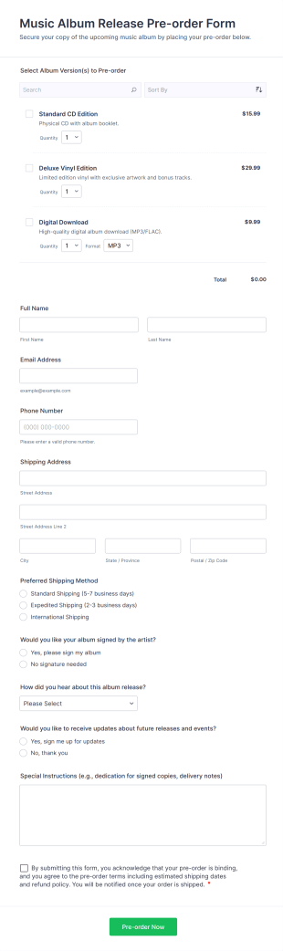 Music Album Release Pre Order Form Template