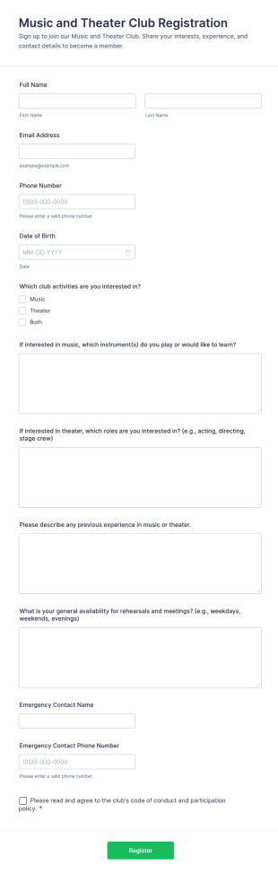 Music And Theater Club Registration Form Template