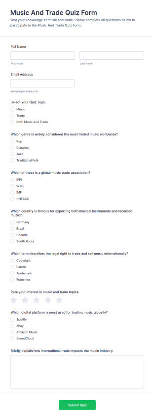 Music And Trade Quiz Form Template