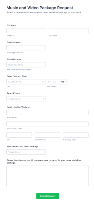 Music And Video Package Request Form Template