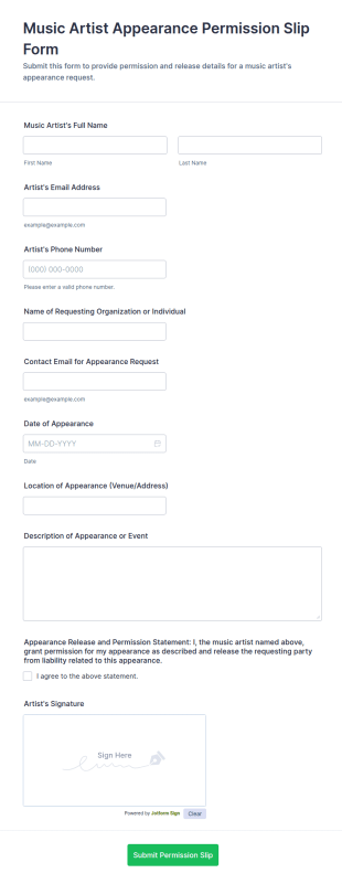 Music Artist Appearance Permission Slip Form Template