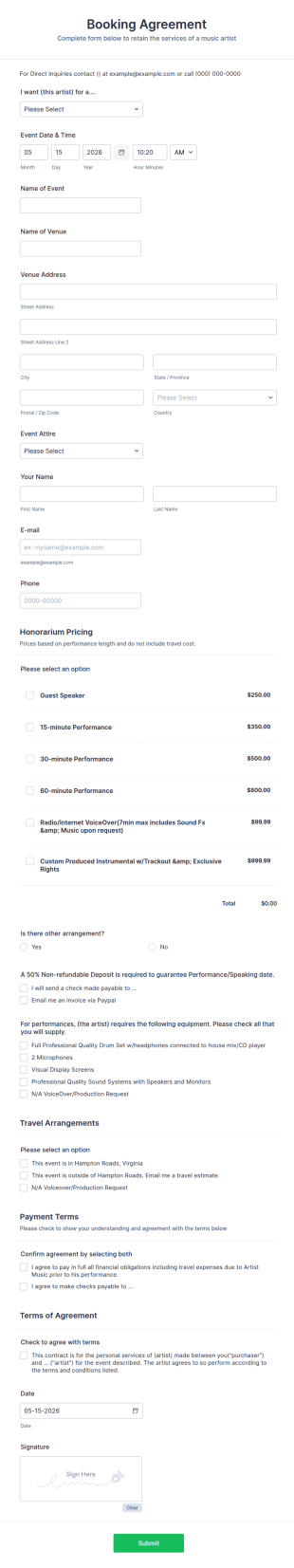 Music Artist Booking Form Template