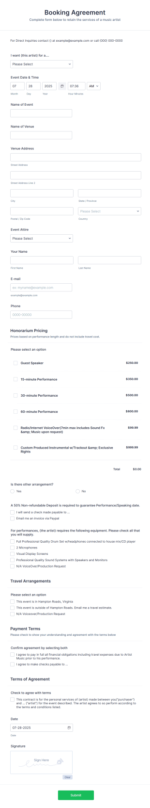 Music Artist Booking Form Template