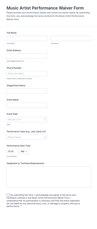 Music Artist Performance Waiver Form Template