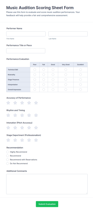 Music Audition Scoring Sheet Form Template