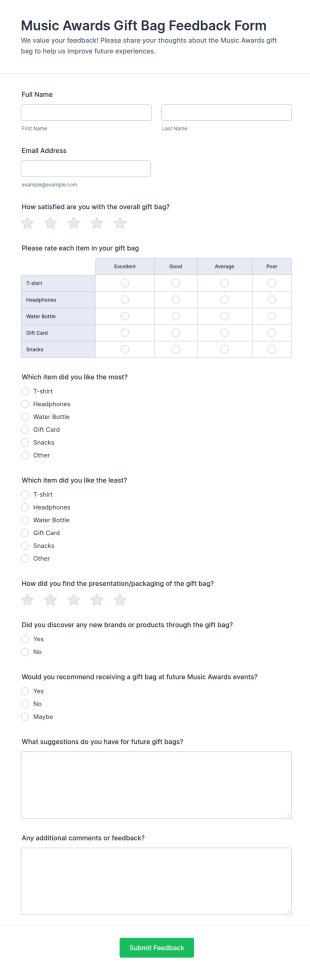 Music Awards Gift Bag Feedback Form Template