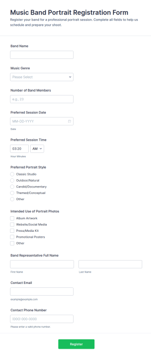 Music Band Portrait Registration Form Template