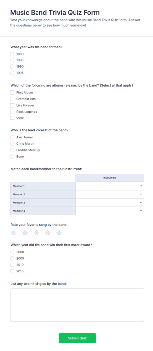 Music Band Trivia Quiz Form Template