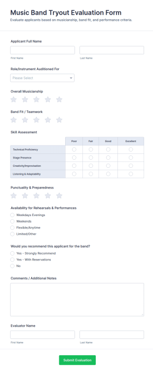 Music Band Tryout Evaluation Form Template