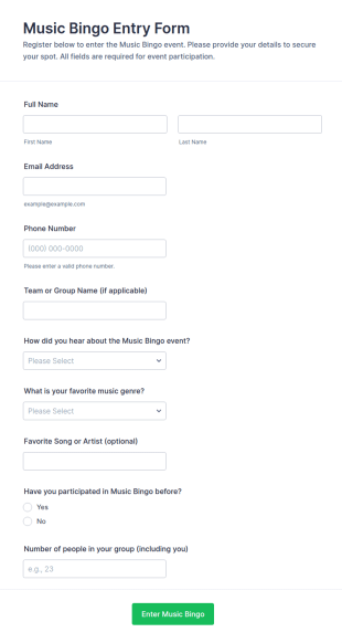 Music Bingo Entry Form Template