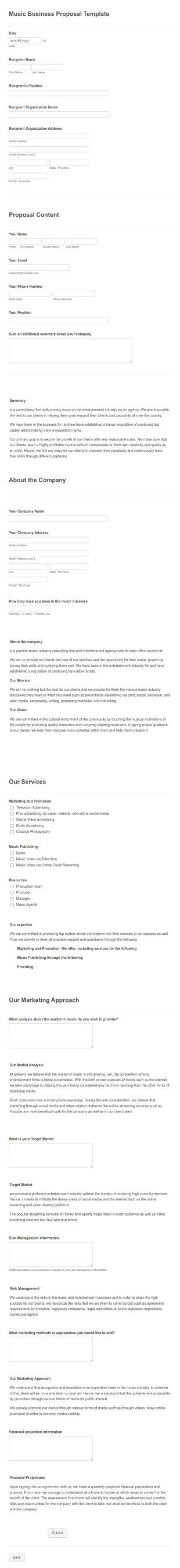 Music Business Proposal Form Template