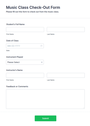 Music Class Check Out Form Template