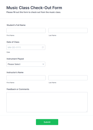 Music Class Check Out Form Template