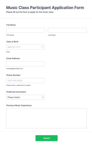 Music Class Participant Application Form Template