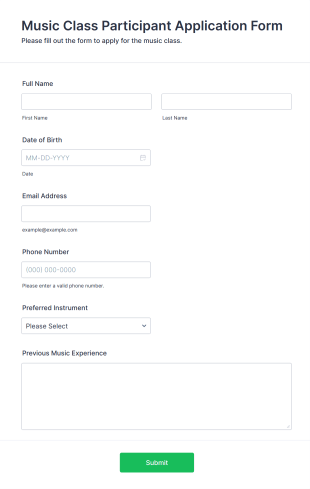 Music Class Participant Application Form Form Template