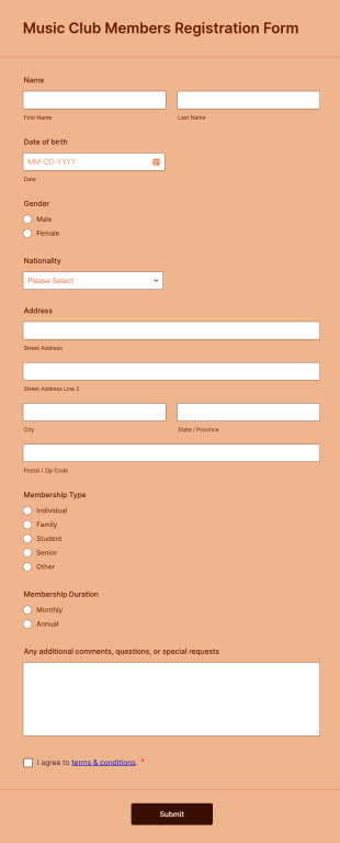 Music Club Members Registration Form Template