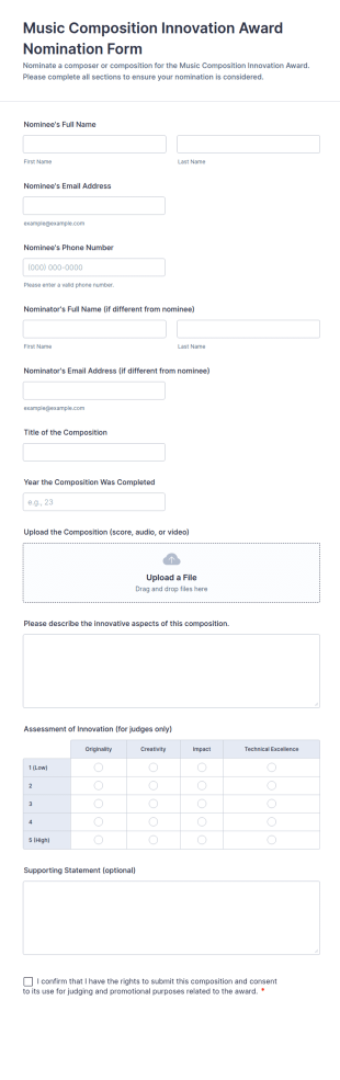 Music Composition Innovation Award Nomination Form Template