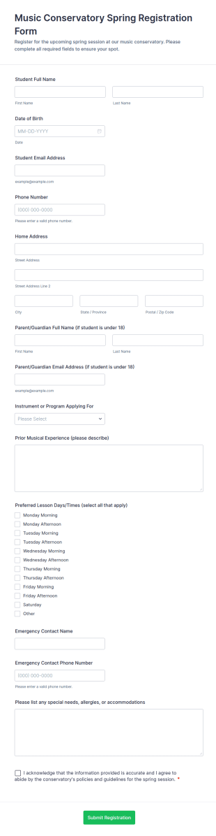 Music Conservatory Spring Registration Form Template